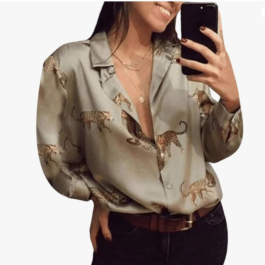 Animal Print Satin Button Up Long Sleeve Shirt